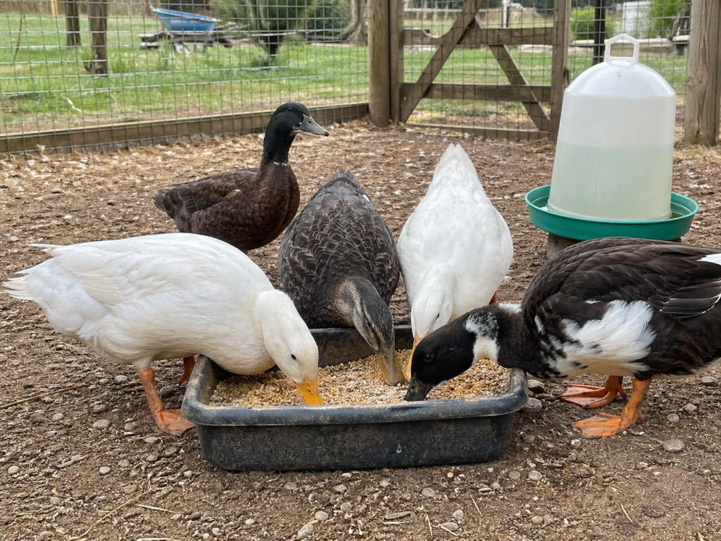 Healthy adult ducks feeding outdoors in a fenced enclosure